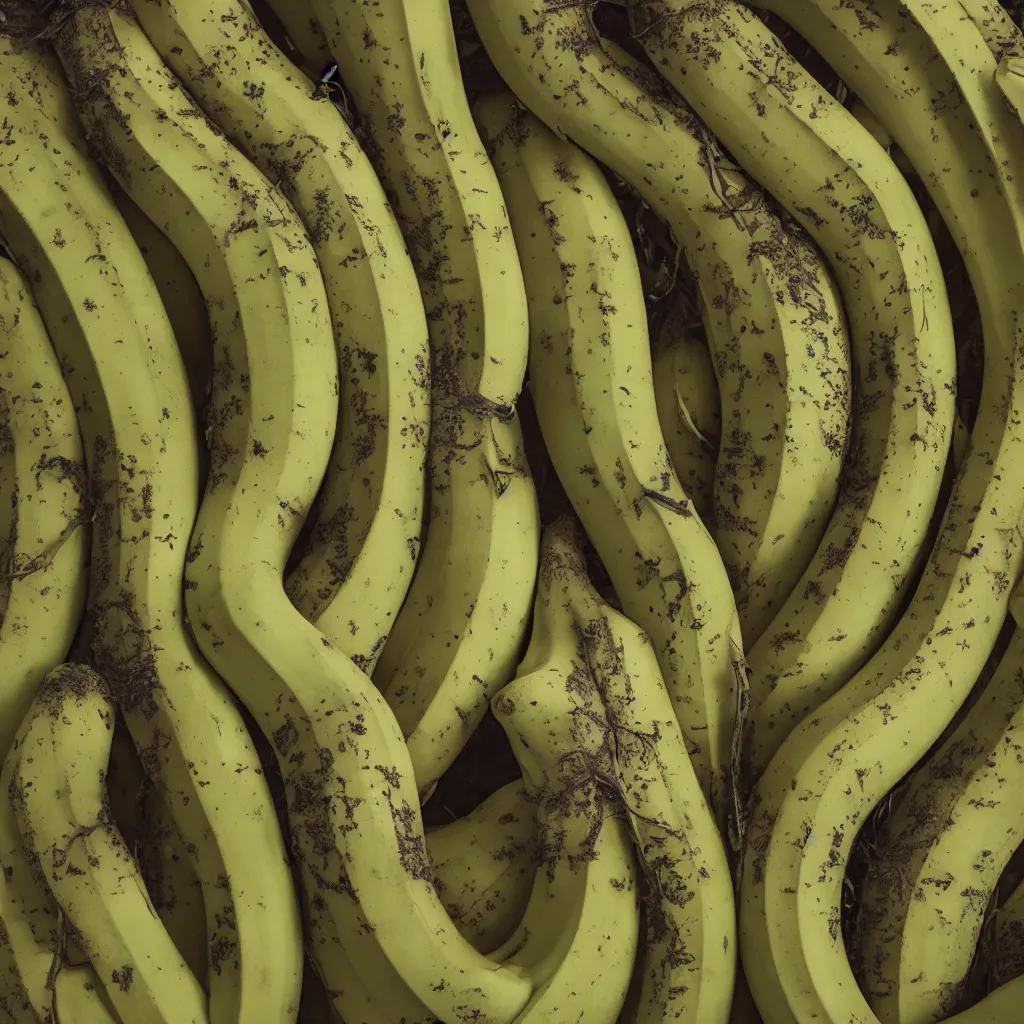 Image similar to bananas that grow like fractal coral and smoke, cracked, fine foliage, inside art nouveau with petal shape, big banana peals, and stems, mesh roots. closeup, hyper real, food photography, high quality