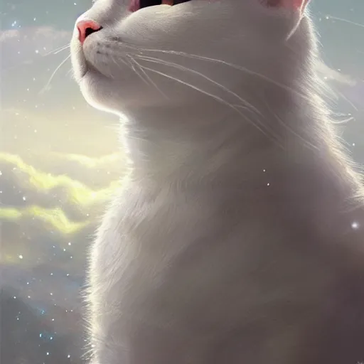 Prompt: portrait of a beautiful white cat celestial background,, fantasy, highly detailed, cinematic lighting, digital art painting by artgem and greg rutkowsk, trending on artstation, very very beautiful, very attractive, high fantasy