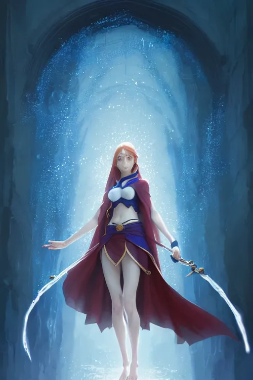 Image similar to elf female sorcerer doing water magic spells, blue robes, red hair, finely detailed perfect face, exquisite details, mid view, design on a white background, by studio muti, greg rutkowski makoto shinkai takashi takeuchi studio ghibli