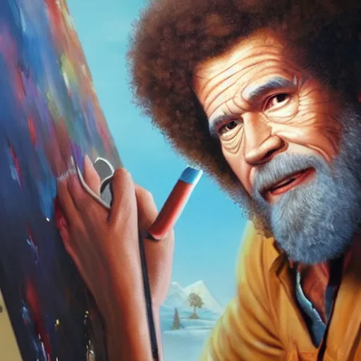 Image similar to a closeup photorealistic photograph of bob ross working on a canvas painting featuring iron man. film still. this 4 k hd image is trending on artstation, featured on behance, well - rendered, extra crisp, features intricate detail, epic composition and the style of unreal engine.