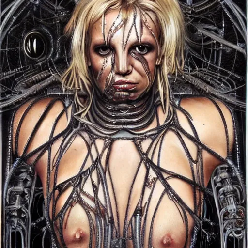 Prompt: britney spears encased in biomechanical machine, heavy conduits, complex scene, rich composition, heavy in detail, corruption, decay, grime, smooth, sharp focus, airbrush, illustration, symmetrical, portrait, art by h. r. giger