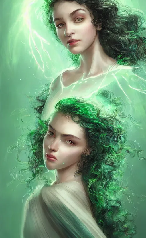 Image similar to a young woman with wild, curly hair and bright green eyes. she's wearing a flowing dress made of light, airy fabric and she has a mischievous look on her face, dynamic lighting, photorealistic fantasy concept art, trending on art station, stunning visuals, creative, cinematic, ultra detailed