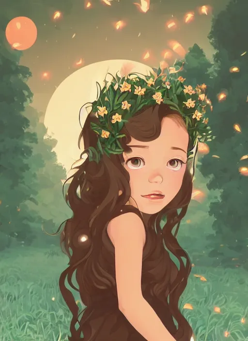 Image similar to little girl with wavy curly light brown hair chasing fireflies in the woods. wearing a flower crown. clean cel shaded vector art. shutterstock. behance hd by lois van baarle, artgerm, helen huang, by makoto shinkai and ilya kuvshinov, rossdraws, illustration, art by ilya kuvshinov