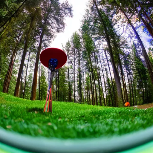 Prompt: disc golf hole in one, fisheye lens, 8k