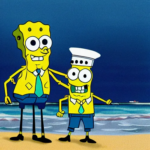 Prompt: a gloomy photo of spongebob and patrick standing on the beach, d-day, smoke, fire, detailed, realistic, hyper-realism,