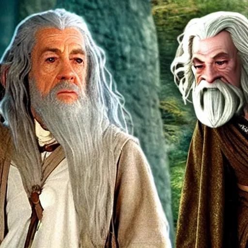 Image similar to a frame from the film the lord of the rings featuring nancy pelosi as gandalf, photorealistic faces, hd