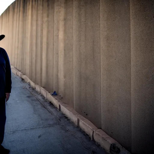 Image similar to Mike Myers (Actor/Comedian) gazing at the US-Mexican Wall, XF IQ4, f/1.4, ISO 200, 1/160s, 8K, RAW, unedited, symmetrical balance, in-frame