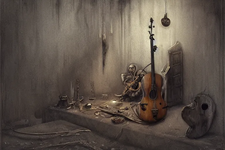 Image similar to still life of a lute with smoke wisping up from its smoldering string, cursed baroque with ebony inlay, designed by brian froud and hr giger leans against the wall alone, abandoned. an empty brutalist chamber, lonely, somberlate afternoon lighting cinematic fantasy painting by jessica rossier