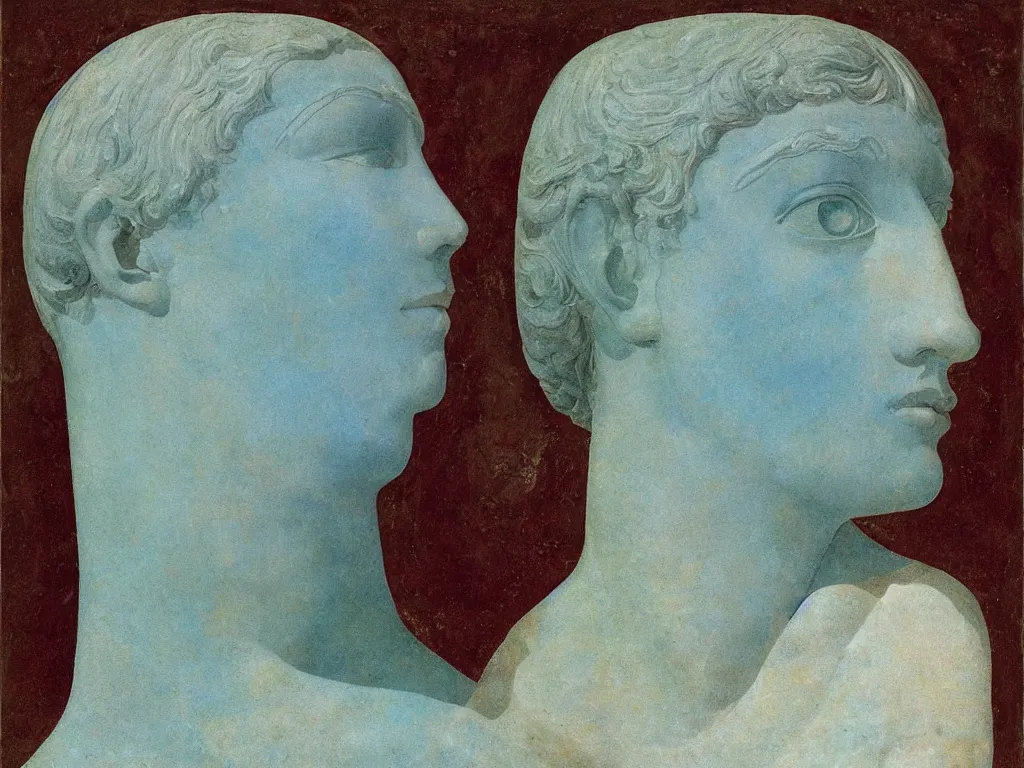 Image similar to marble greek sculpture head with inlaid crystal eyes. lapis - lazuli, turquoise, malachite, cinnabar, earth brown. painting by piero della francesca, balthus, agnes pelton