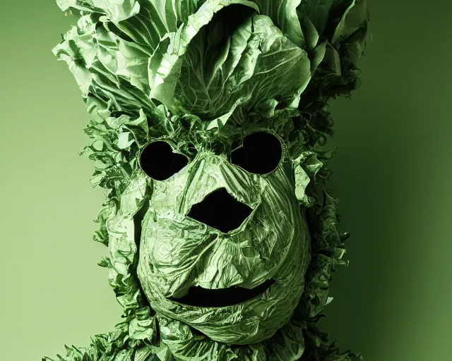 Prompt: a man wearing a cabbage mask, pineapple hat, formal suit, full body, full size, crumpled paper background, hyperrealistic, highly detailed, sharpness, dramatic lighting, modern detailed photo, by mark simonetti, hans giger, david lynch