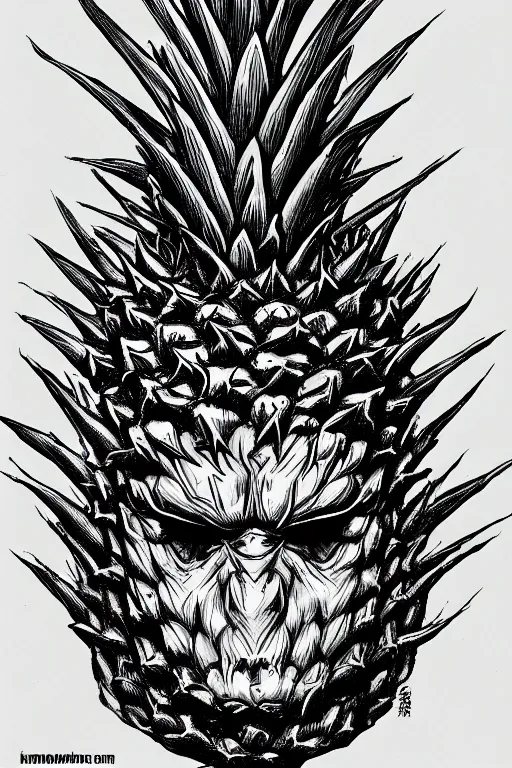 Image similar to pineapple humanoid figure monster, symmetrical, highly detailed, digital art, sharp focus, trending on art station, kentaro miura manga art style