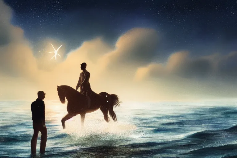 Prompt: photo of man riding a horse along the beach, glowing underwater waves toward a lighthouse in the distance guiding his way, silhouette, wide horizon, large white clouds, night, intricate, elegant, highly detailed, digital painting, artstation, concept art, smooth, sharp focus, illustration, art by artgerm and greg rutkowski and fra angelico