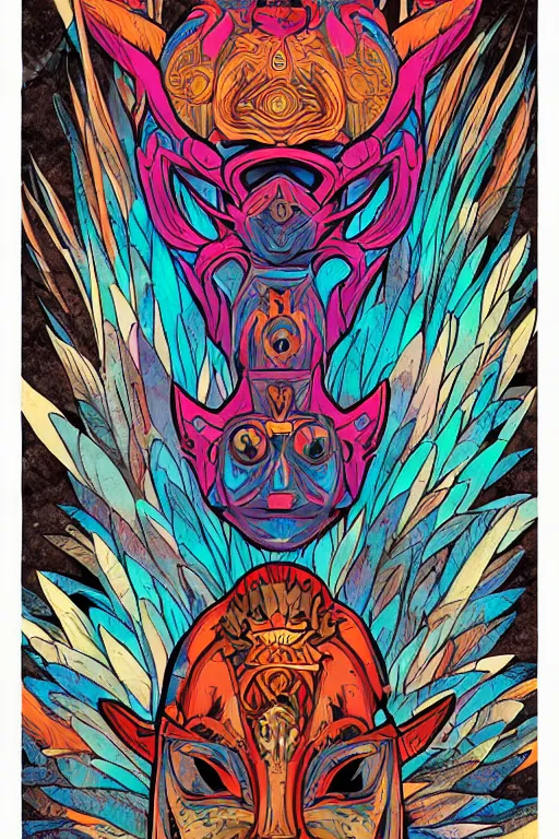 Image similar to animal mask totem roots flower tribal feather gemstone plant wood rock shaman vodoo video game vector cutout illustration vivid multicolor borderlands comics by josan gonzales and dan mumford radiating a glowing aura