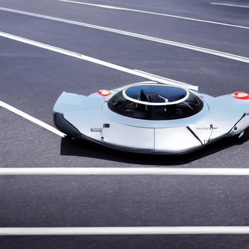 Image similar to bugatti hovercraft hovering above road, solar punk product photo