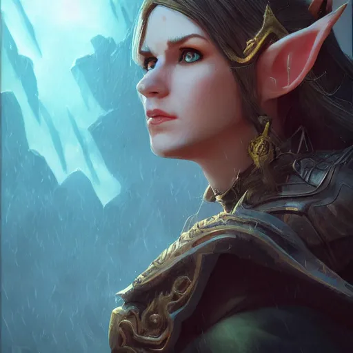 Image similar to portrait, a female elf from dungeons and dragons, dramatic lighting, cinematic, establishing shot, extremely high detail, foto realistic, cinematic lighting, post processed, concept art, artstation, matte painting, blizzard studio, wow, style by eddie mendoza, raphael lacoste, alex ross,