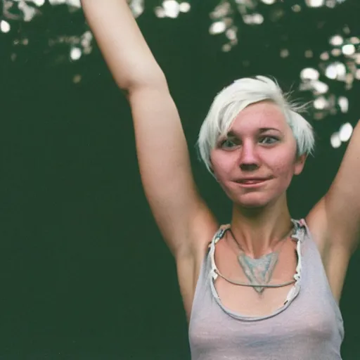 Image similar to cute young woman, short blue hair, tank top, arms raised above her head, cottagecore, razorfree, hippie, naturist, portrait photography, portra 800