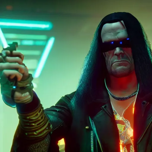 Prompt: screenshot of The Undertaker in Cyberpunk 2077