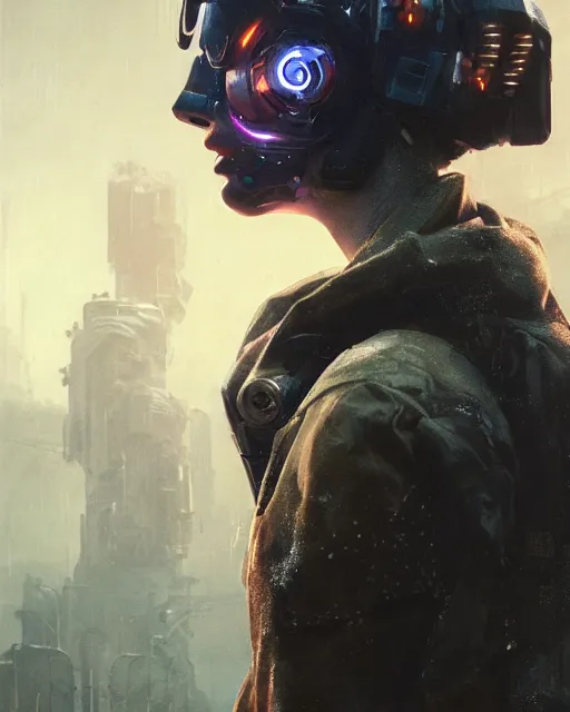 Image similar to maya hawke as cyberpunk armored gunman, scifi character portrait by greg rutkowski, esuthio, craig mullins, 1 / 4 headshot, cinematic lighting, dystopian scifi gear, gloomy, profile picture, mechanical, half robot, implants, steampunk