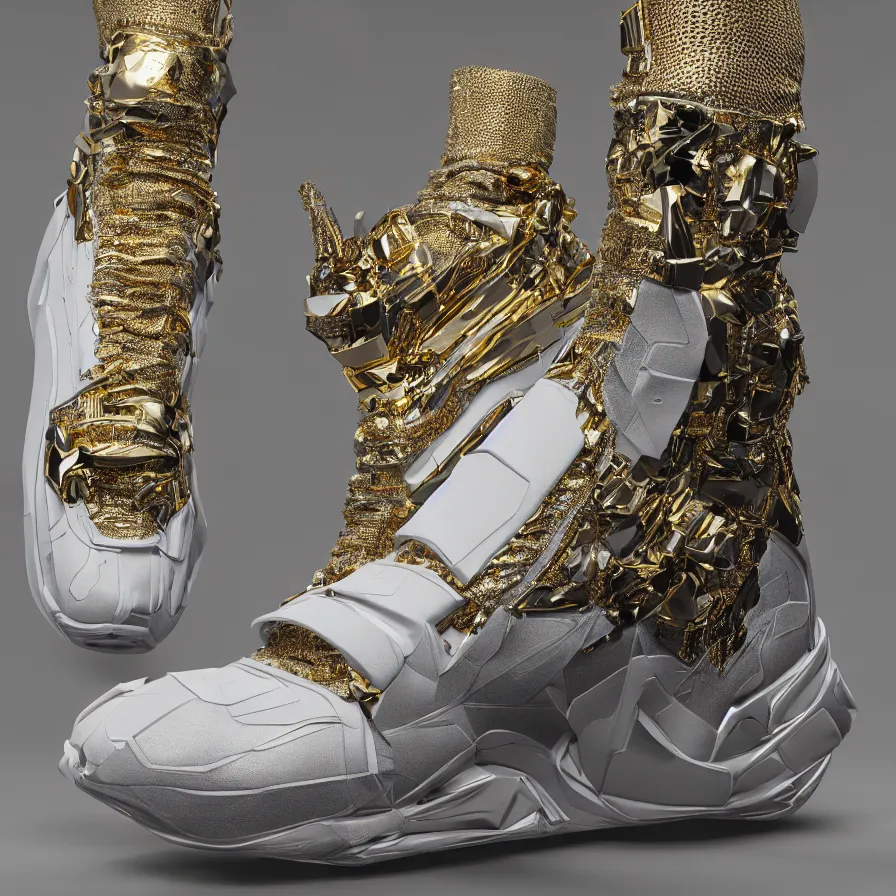 Image similar to futuristic balenciaga sneakers, nft art, highly detailed, hyper realistic, a ton of bussdown iced gold bling in wallace & gromit strata - cut claymation, ultra realistic, concept art, intricate details, serious, highly detailed, photorealistic, octane render, 8 k, unreal engine