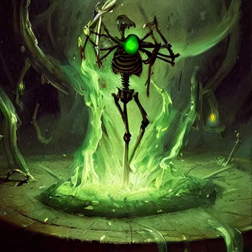 Prompt: A highly detailed oil painting by Greg Rutkowski and Afremov of a skeleton wearing black robes making a potion glowing bright green in a huge bubbling cauldron, highly detailed fantasy concept artwork, very realistic.