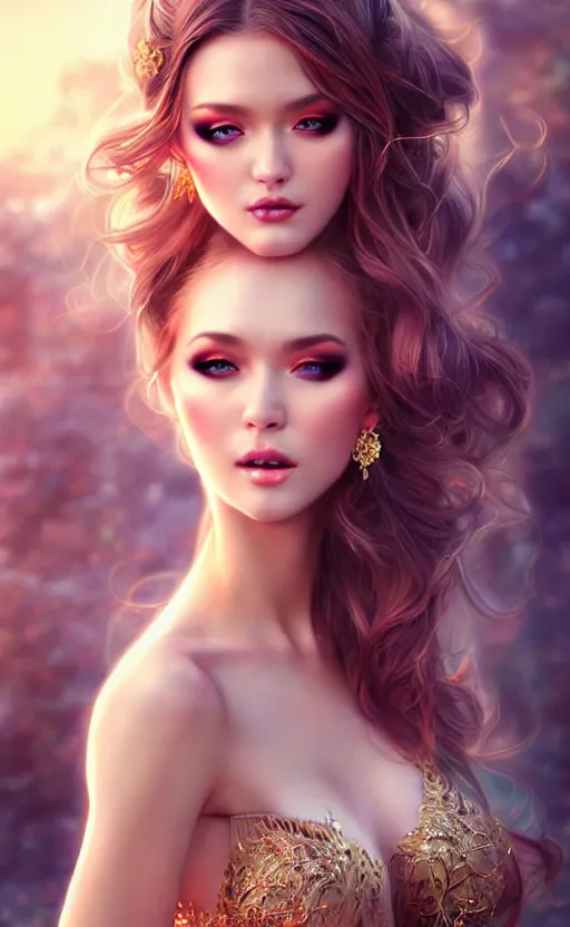 Image similar to a fantasy photo of gorgeous russian female, evening gown, bokeh, medium shot, beautiful face, professionally retouched, soft lighting, realistic, smooth face, perfect eyes, sharp focus, 8 k realistic high definition, insanely detailed, intricate, elegant, art by artgerm and kyoung hwan kim