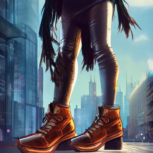 Image similar to a fashion model, creative, brown skin, digital art, photo manipulation, artstation, standing, cyberpunk, giant, street, duck shoes, up there, photoshop