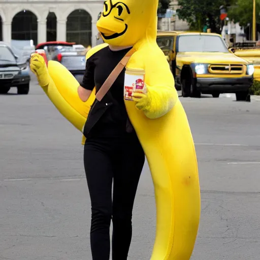 Image similar to emma watson in a banana mascot suit