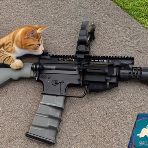 Prompt: Photo of an upright house cat with an AR15