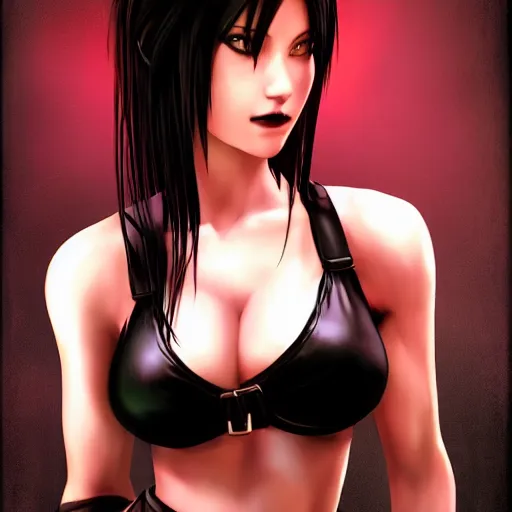 Prompt: realistic Tifa lockheart looking sultry into the camera, drawn by Ross Tran