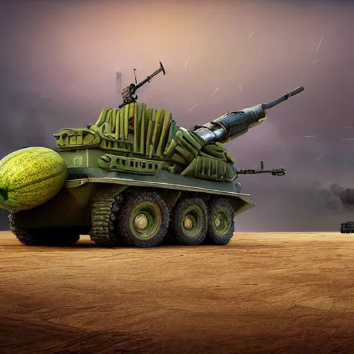 Prompt: Very very very very highly detailed Watermelon as military vehicle with epic weapons, launching rockets on a battlefield in russian city as background. More Military vehicle less watermelon .Photorealistic Concept 3D digital art in style of Caspar David Friedrich, super rendered in Octane Render, epic RTX dimensional dramatic light