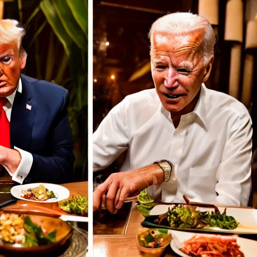 Image similar to Trump and Biden having dinner at a fancy Balinese restaurant, award winning photography, 85mm, perfect faces