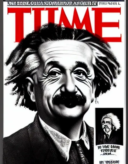 Image similar to cover of TIME magazine with the portrait of Albert Einstein and the mushroom cloud of an atom bomb explosion