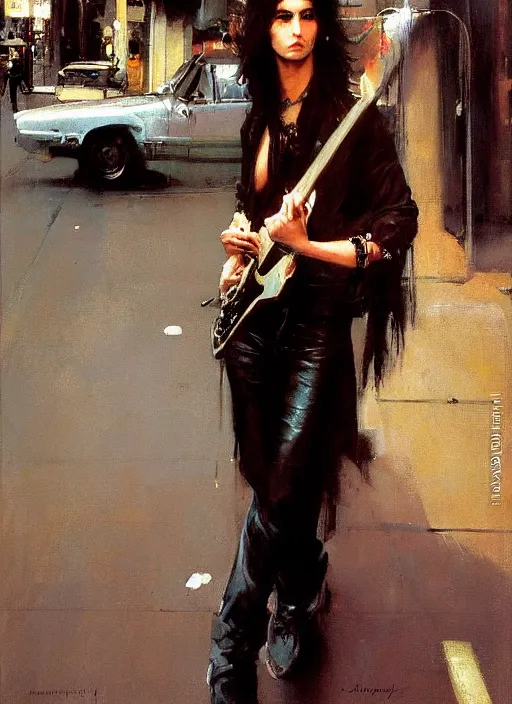 Image similar to androgynous glam rocker outside cbgb in the style of phil hale, sfumato Orientalist portrait by john william waterhouse and James Gurney, Syd Mead, Phil Hale, oil on canvas. Cinematic, hyper realism, realistic proportions, dramatic lighting, high detail 4k