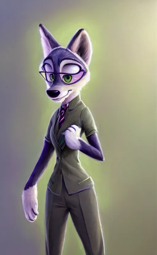 Image similar to oil painting of detailed full body of anthromorphic female wolf, in style of zootopia, zootopia, zootopia, fursona, furry, furaffinity, 4 k, deviantart, furry art, fursona art, wearing black business suit, business suit, in style of zootopia, wolf fursona, cyberpunk, female, expressive detailed feminine face,