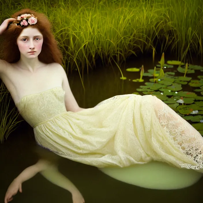 Image similar to Kodak Portra 400, 8K, soft light, volumetric lighting, highly detailed, britt marling style 3/4 ,portrait photo of a beautiful woman how pre-Raphaelites painter, the face emerges from the water of a pond with water lilies, inspired by Julie Dillon , a beautiful lace dress and hair are intricate with highly detailed realistic beautiful flowers , Realistic, Refined, Highly Detailed, natural outdoor soft pastel lighting colors scheme, outdoor fine art photography, Hyper realistic, photo realistic