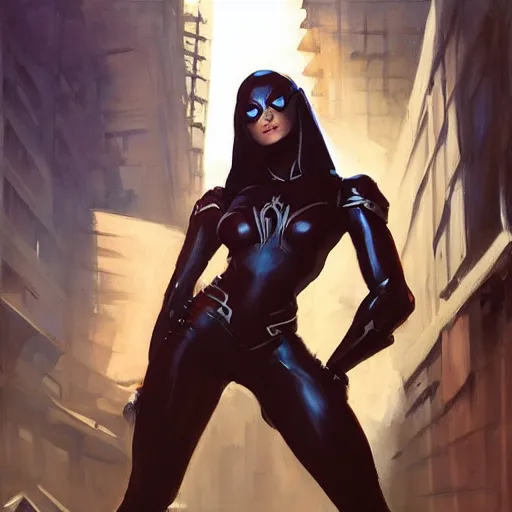 Image similar to greg manchess portrait painting of a dark female iron spiderman as overwatch character, medium shot, asymmetrical, profile picture, organic painting, sunny day, matte painting, bold shapes, hard edges, street art, trending on artstation, by huang guangjian, gil elvgren, ruan jia, greg rutkowski, gaston bussiere