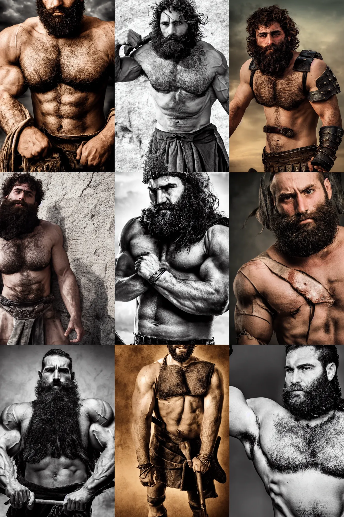 Prompt: portrait of a herculean jewish warrior. rugged young man, very beautiful. big muscles, many scars. cinematic lighting, highly detailed, full body shot. thick beard. smooth armour. action movie still.