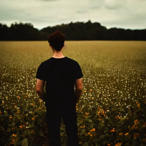 Prompt: kodak portra 1 6 0 photograph of a skinny guy standing in field of skulls, flower crown, back view, moody lighting, moody vibe, telephoto, 9 0 s vibe, blurry background, tranquil, calm, faded!,