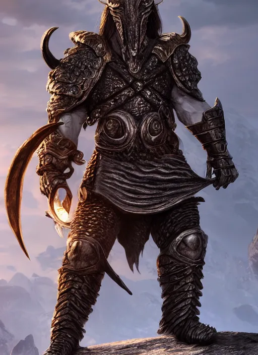 Image similar to dragonborn, ultra detailed fantasy, elden ring, realistic, dnd character portrait, full body, dnd, rpg, lotr game design fanart by concept art, behance hd, artstation, deviantart, global illumination radiating a glowing aura global illumination ray tracing hdr render in unreal engine 5