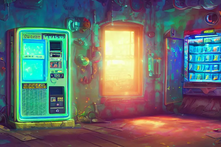 Prompt: an holographic vending machine inside the interior of an abandon house, sunny day, long shot, matte painting, digital art, in the style of studio ghibli, vivid colors, highly detailed, 8 k, establishing shot, smooth, trending on artstation, illustration, realistic