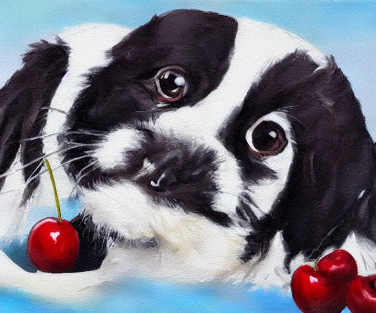 Image similar to white and black japanese chin dog eating cherry muffins, water painting