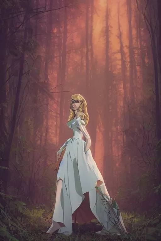 Prompt: joanna carlos as a woman in a maid dress in a dark forest, detailed upper body, gorgeous face, by dan mumford, trending on artstation, anime style, octane render, portrait