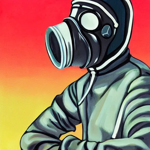 Image similar to teenager wearing a futuristic boiler suit and gas mask, stylised painting