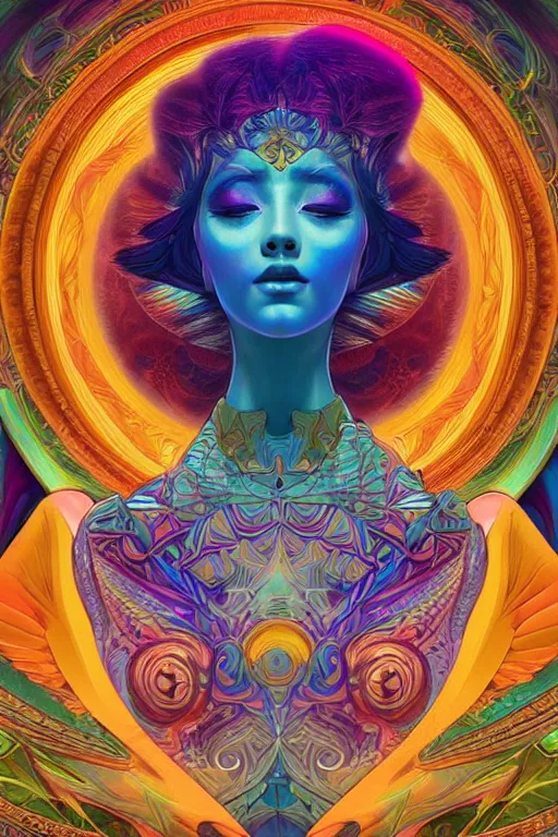 Image similar to beautiful goddess of space and dreams, psychedelic, mandala, coherent design, symmetrical, face by artgerm, trending on artstation, vivid color, complementary color, golden ratio, detailed, sharp lines, sharp focus, intricate, rainbowshift, maxfield parrish, alphonse mucha, deviantart, octane render