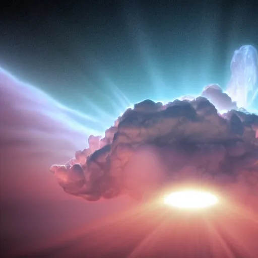 Prompt: gas eruption from a nebulous cloud formation. lens flare / 8 k / artstation / intricate / dynamic / dslr