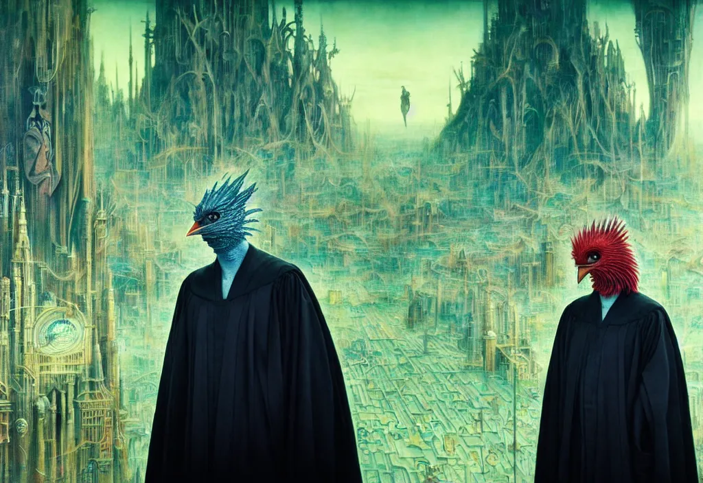 Image similar to realistic detailed portrait movie still of a birdman wearing dark robes, sci fi city landscape background by denis villeneuve, amano, yves tanguy, alphonse mucha, ernst haeckel, max ernst, ridley scott, roger dean, masterpiece, rich moody colours, cinematic, snarling dog teeth