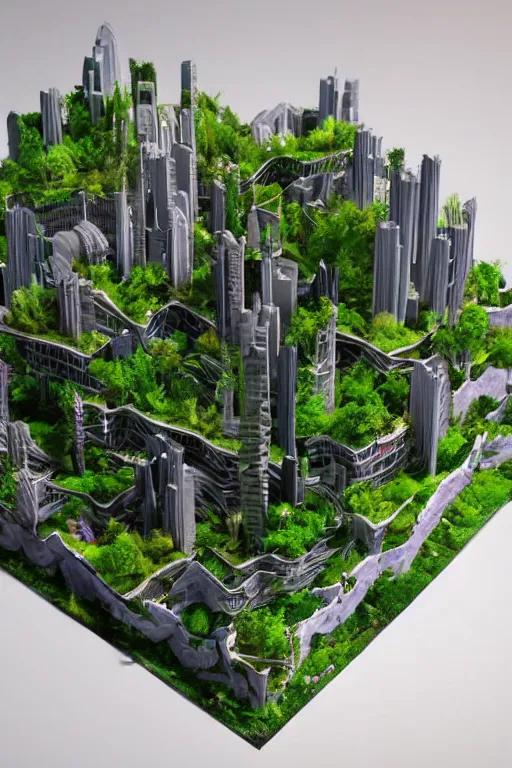 Image similar to 3 d printed physical model organic flowy including more than one city into one vertical building model that sits on a table in a room with a view back, multiple stories, with lush vegetation, colorful, 8 0 k, octane render, highly detailed 3 d render,