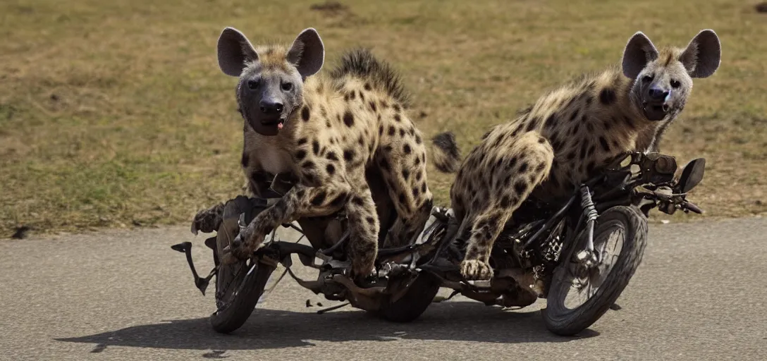 Image similar to a hyena riding a motorcycle