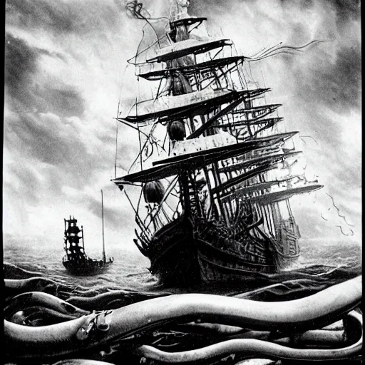 Image similar to an impossibly huge pirate ship, being attacked by a kraken, giant tentacles, lovecraft. 1930s photograph