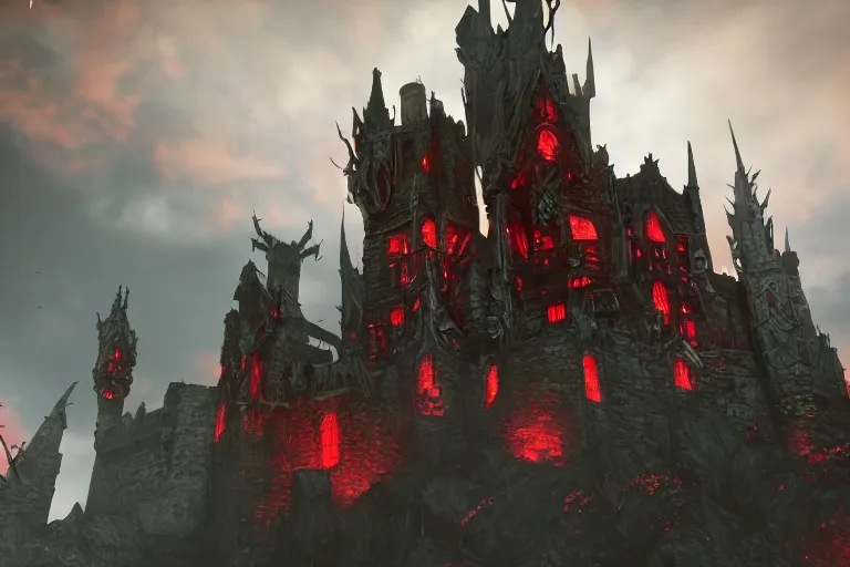 Image similar to big evil castle - city rock dark shadow elves, might and magic heroes vii, dark fantasy, shadows, artstation trending, unreal engine 5, red